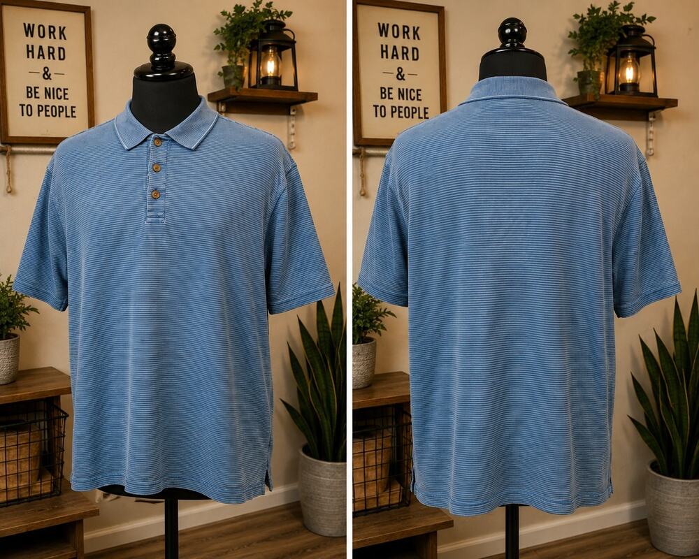 Tommy Bahama Polo Shirt Men's Large Blue Silk Cotton Short Sleeve Striped USA